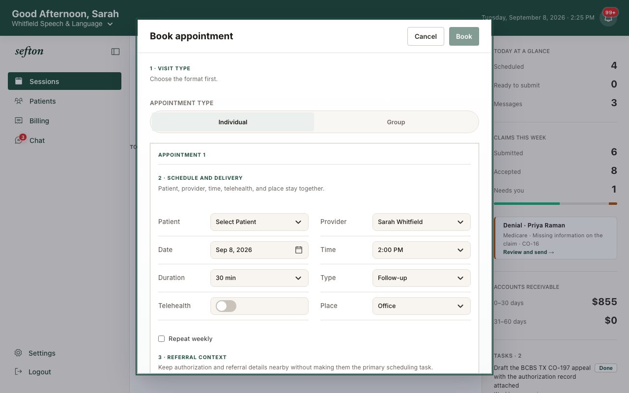The Book Appointment form with duration, visit type, session language, service type, and place of service fields.
