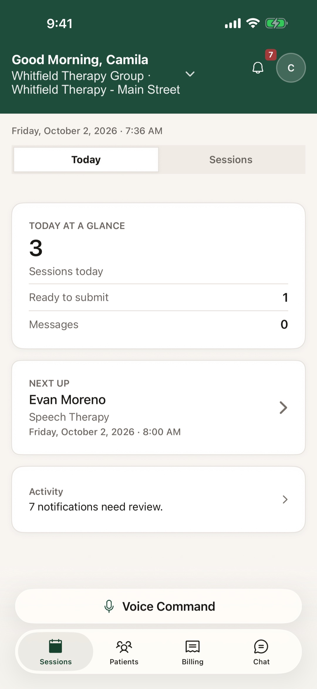 The Sefton app home screen: today at a glance, next up, activity.