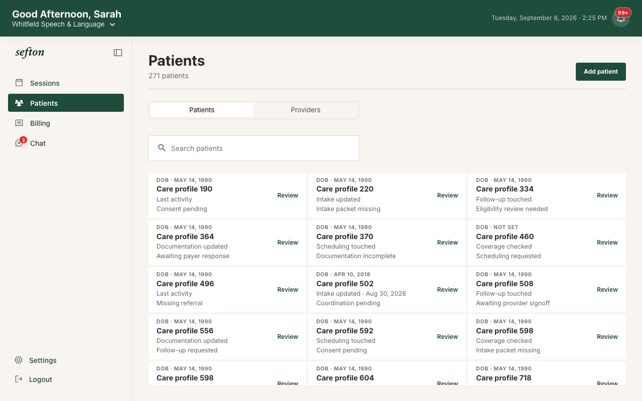 The Patients directory with insurance status chips and the Add Patient button.