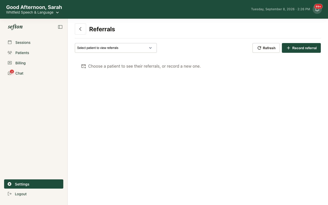 The Referral records page listing referrals with expiry dates and visits remaining.
