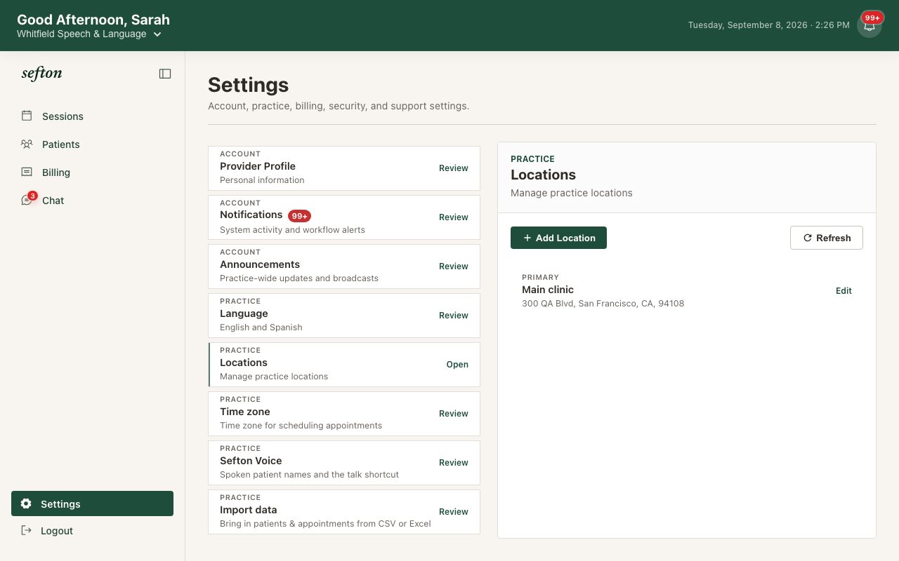 The Locations settings page with two clinic locations and the header switcher.