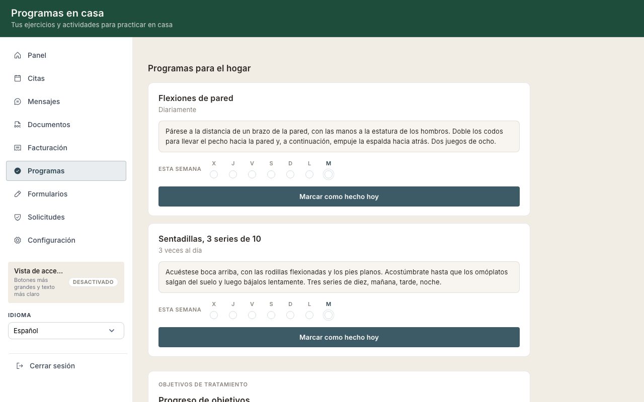 The Programs tab with two home programs, instructions in Spanish, and Mark done today buttons.