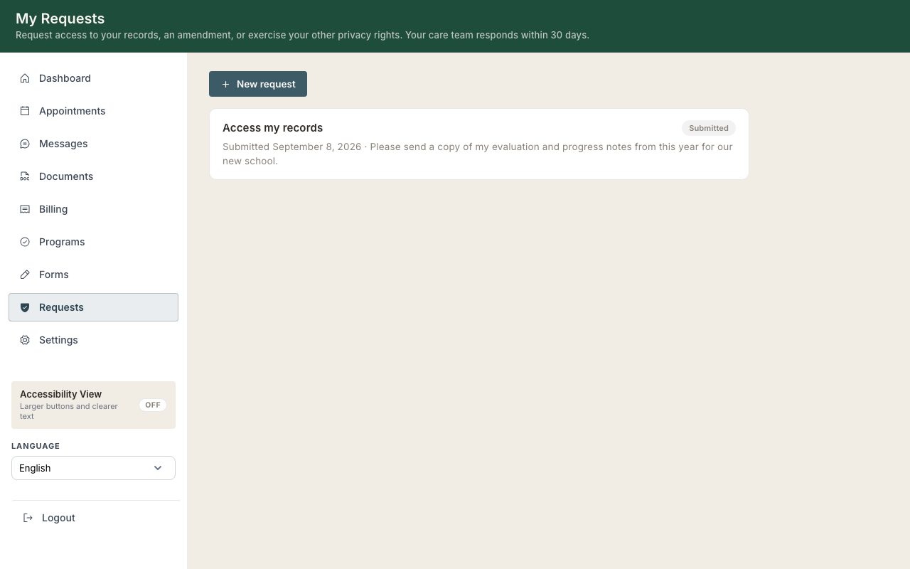 The portal Requests tab with a filed access request and its response due date.