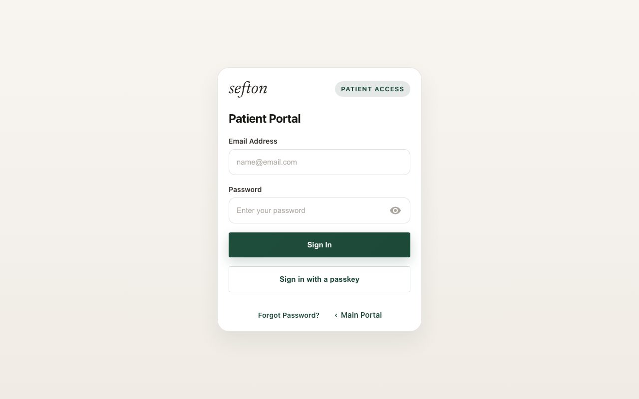 The patient portal sign-in screen with email, password, and the verification code step.