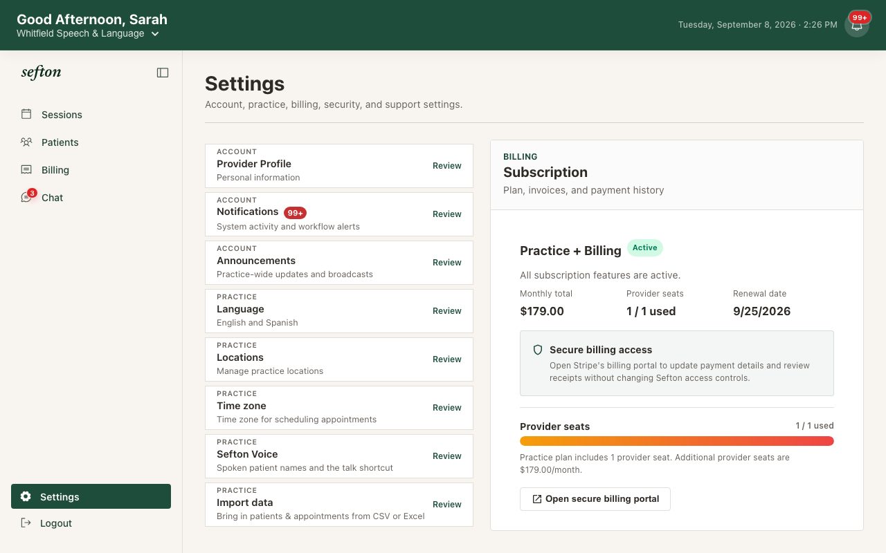 The Subscription settings page with the plan card and the invoices list.