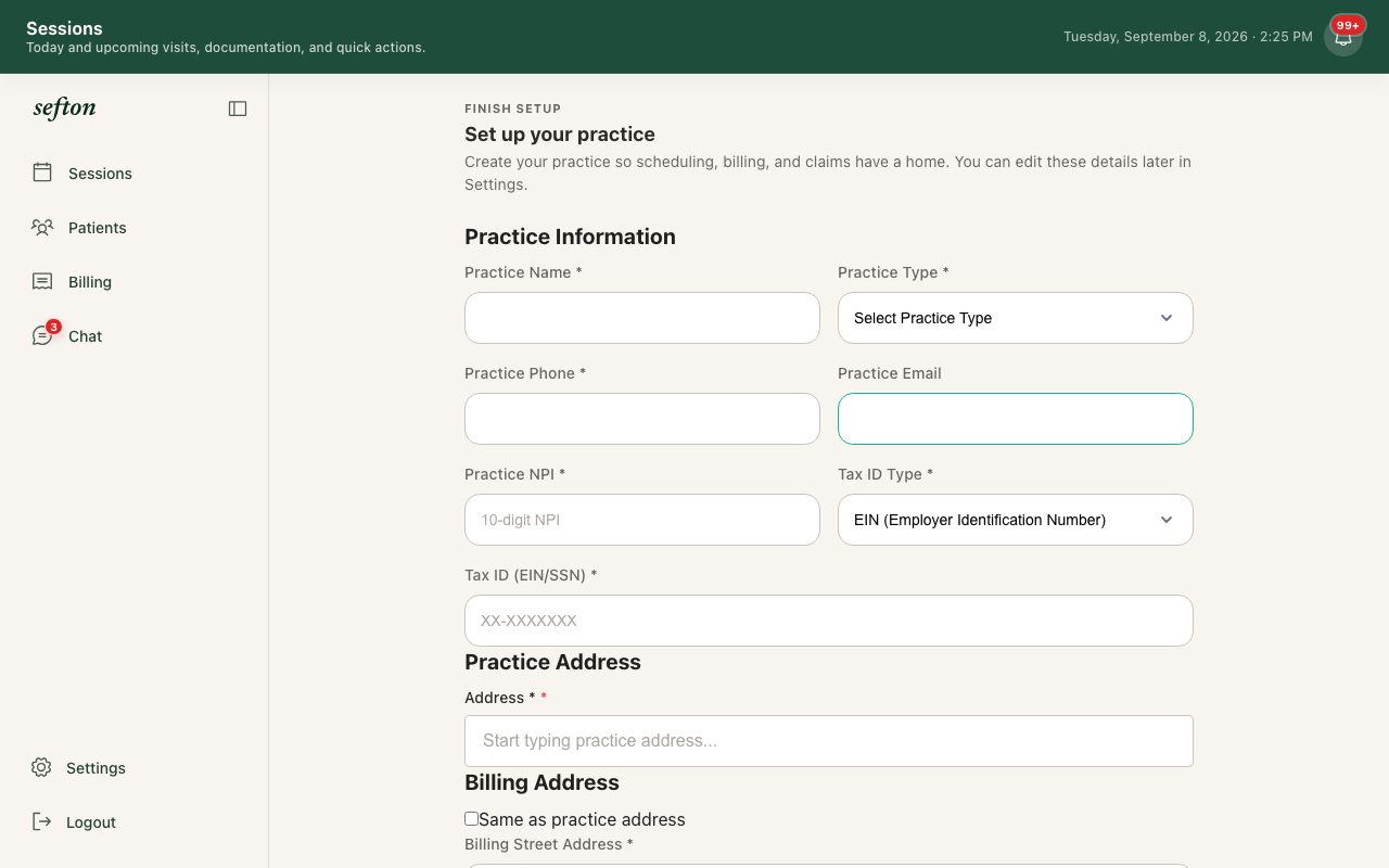The Practice Information form: name, address, phone, email, NPI, tax ID type, and practice type.