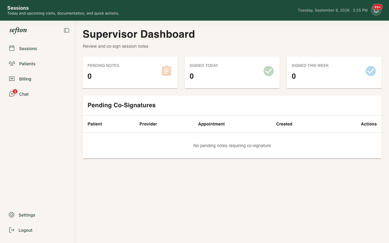 The supervisor dashboard with pending notes awaiting co-sign and a co-sign button.