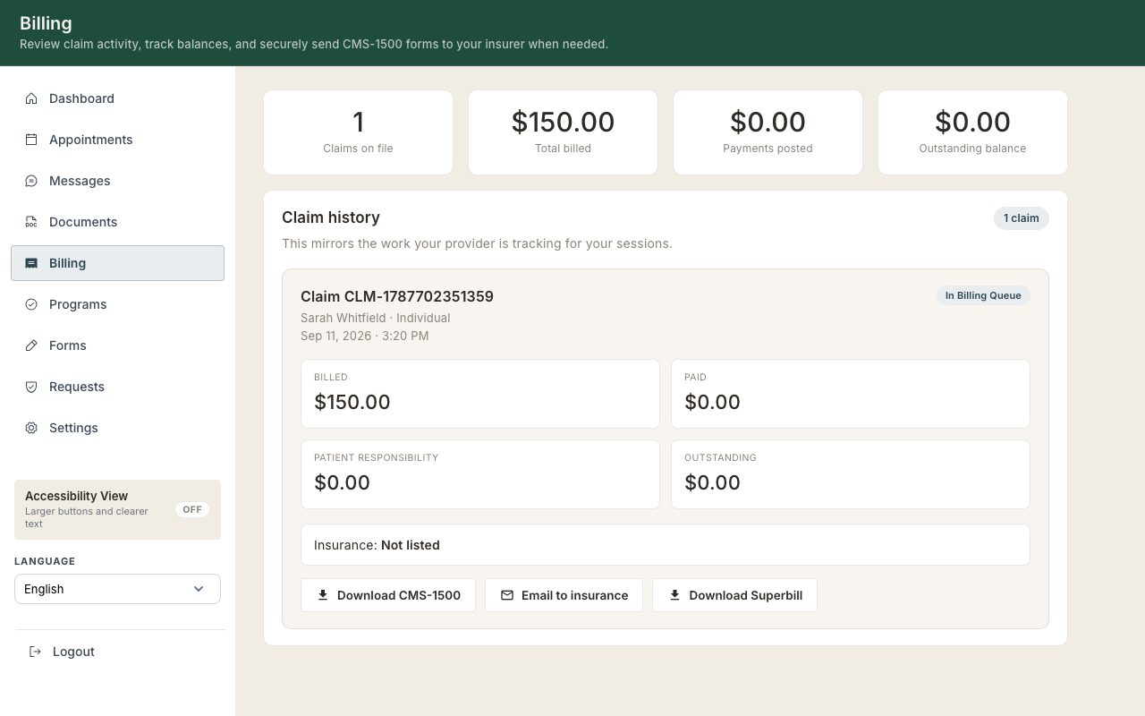 The portal Billing tab with the balance summary, claim forms, and claim history.