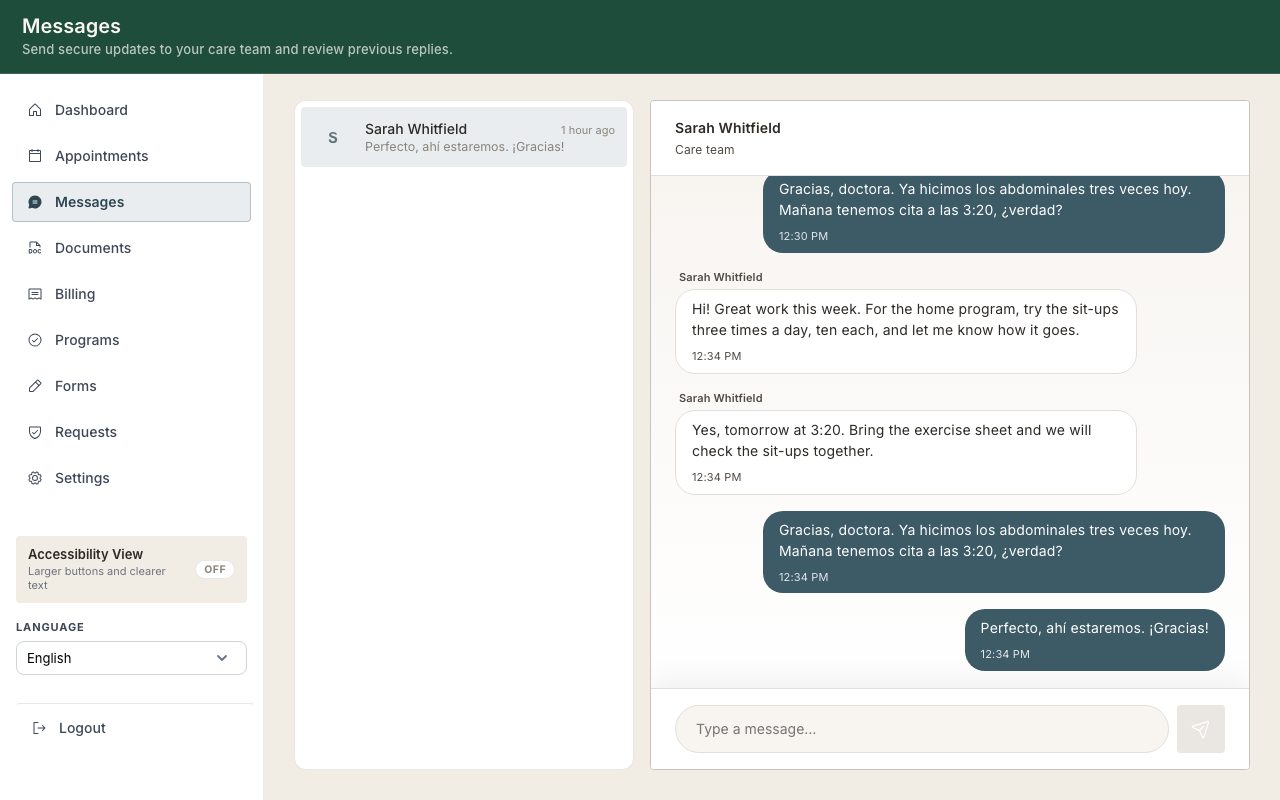 A portal conversation with the provider's message translated and the family's reply.