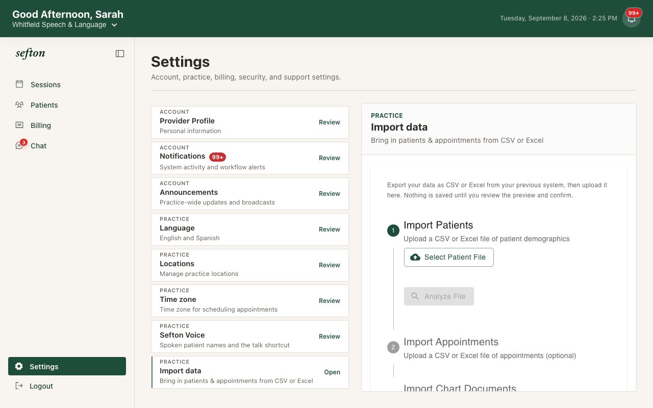 Step one of the Data Import Wizard with a patient file selected and the recognized columns listed.