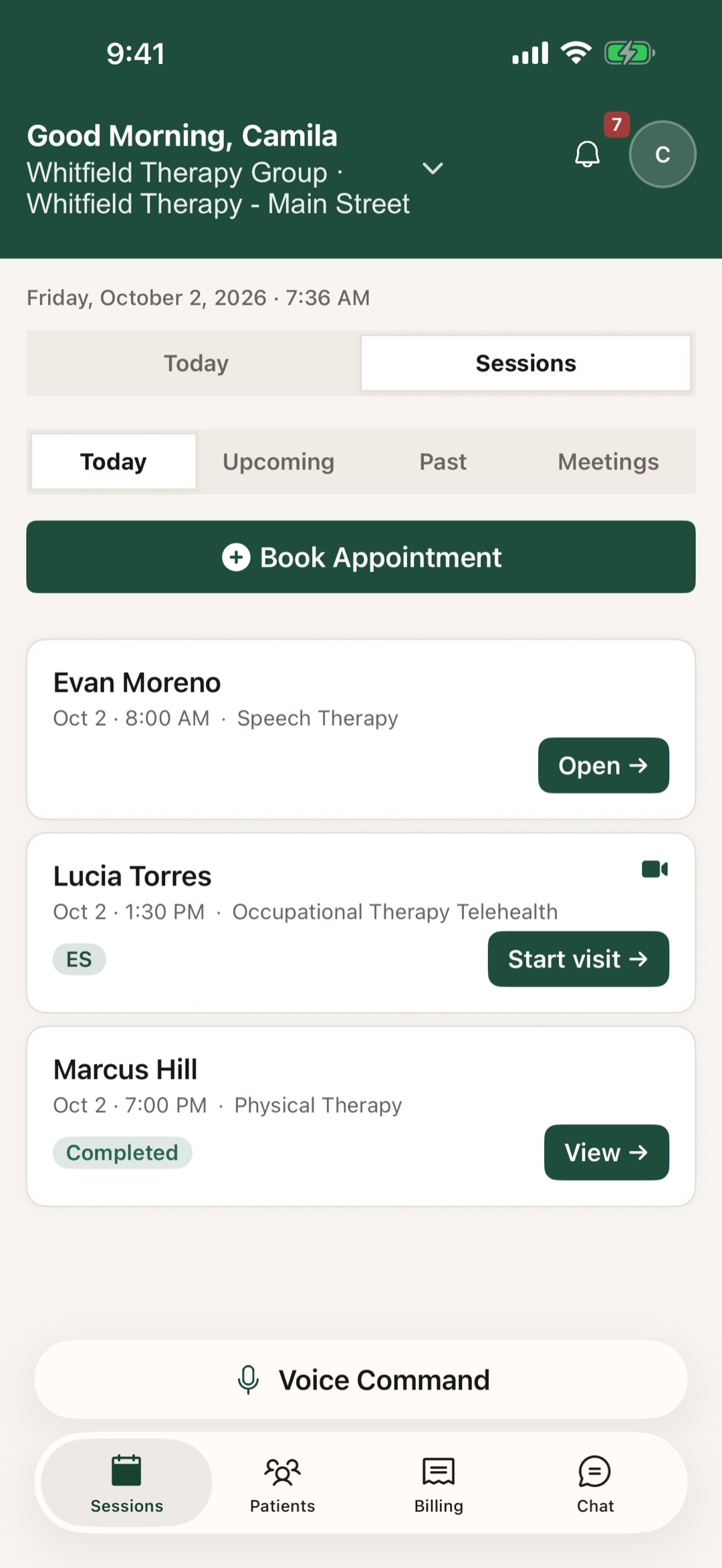 The Sessions screen of the Sefton app with the voice assistant microphone in the tab bar.