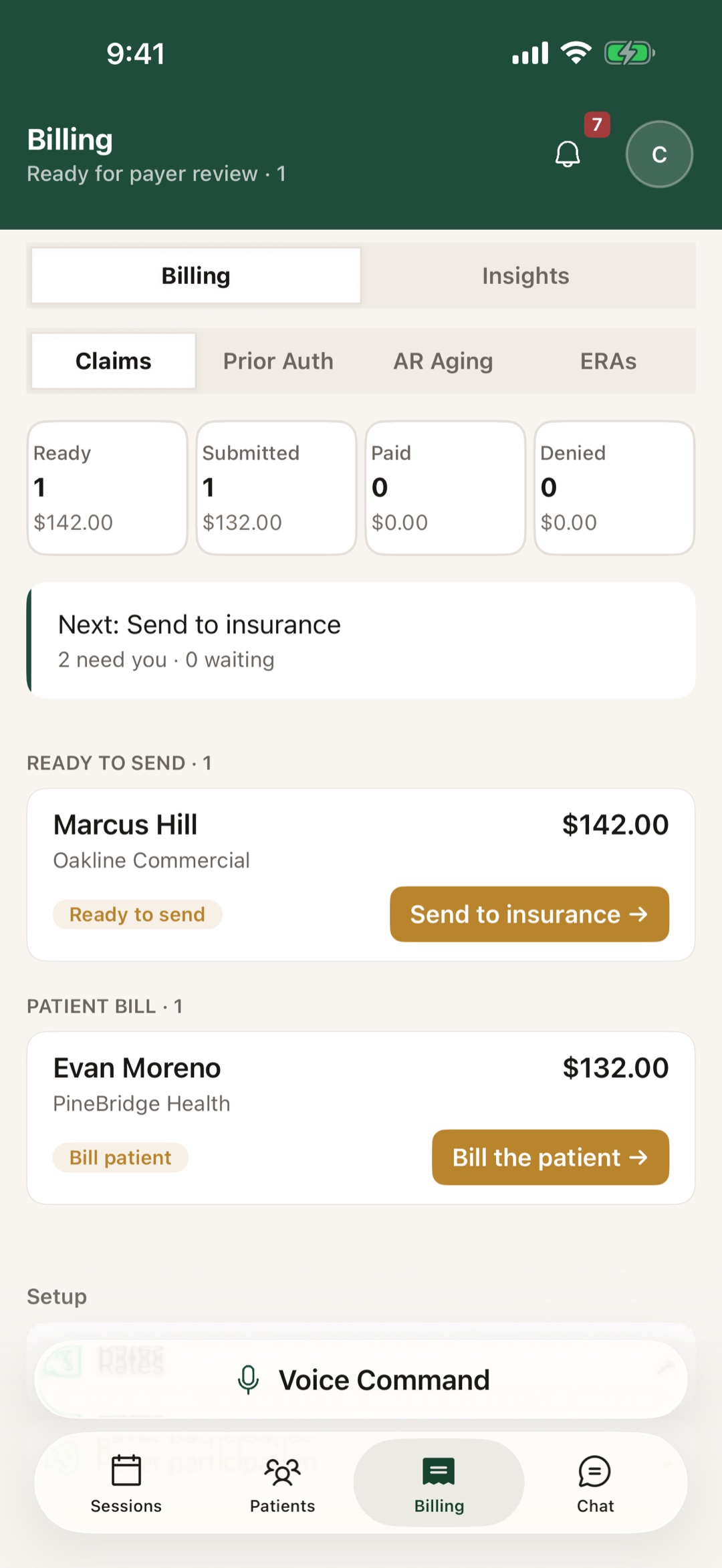 The Billing screen of the Sefton app: claim counts, a claim ready to send to insurance.