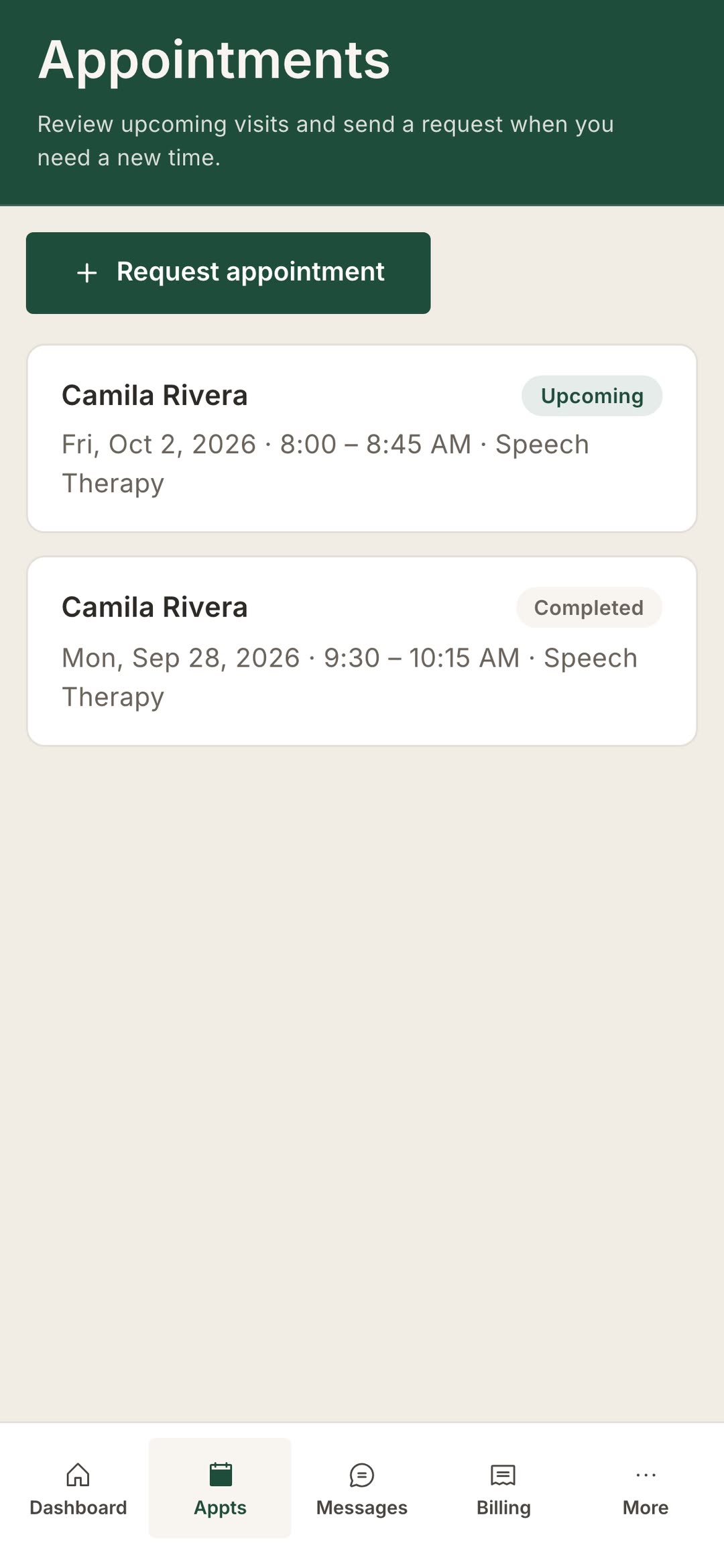 The patient portal appointments screen.