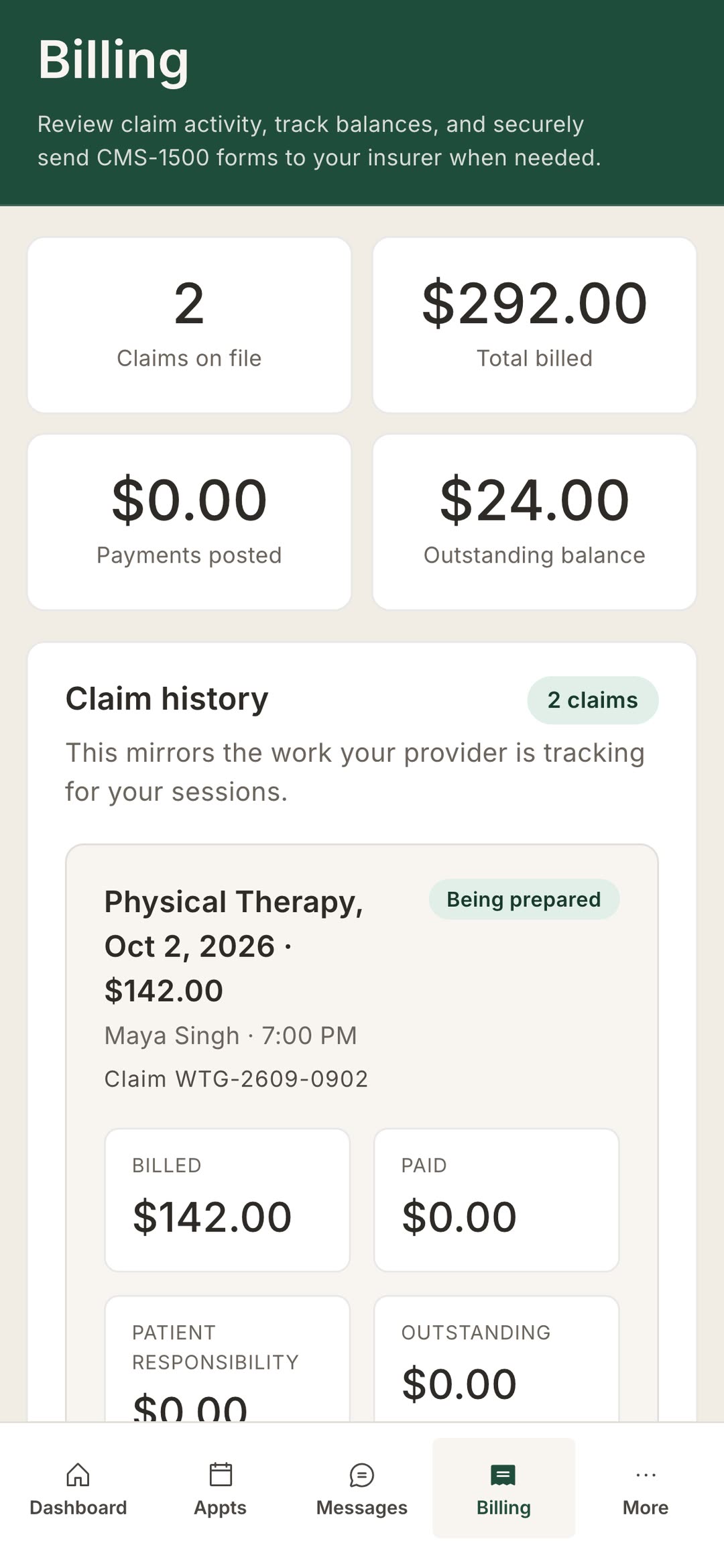 The patient portal billing screen.