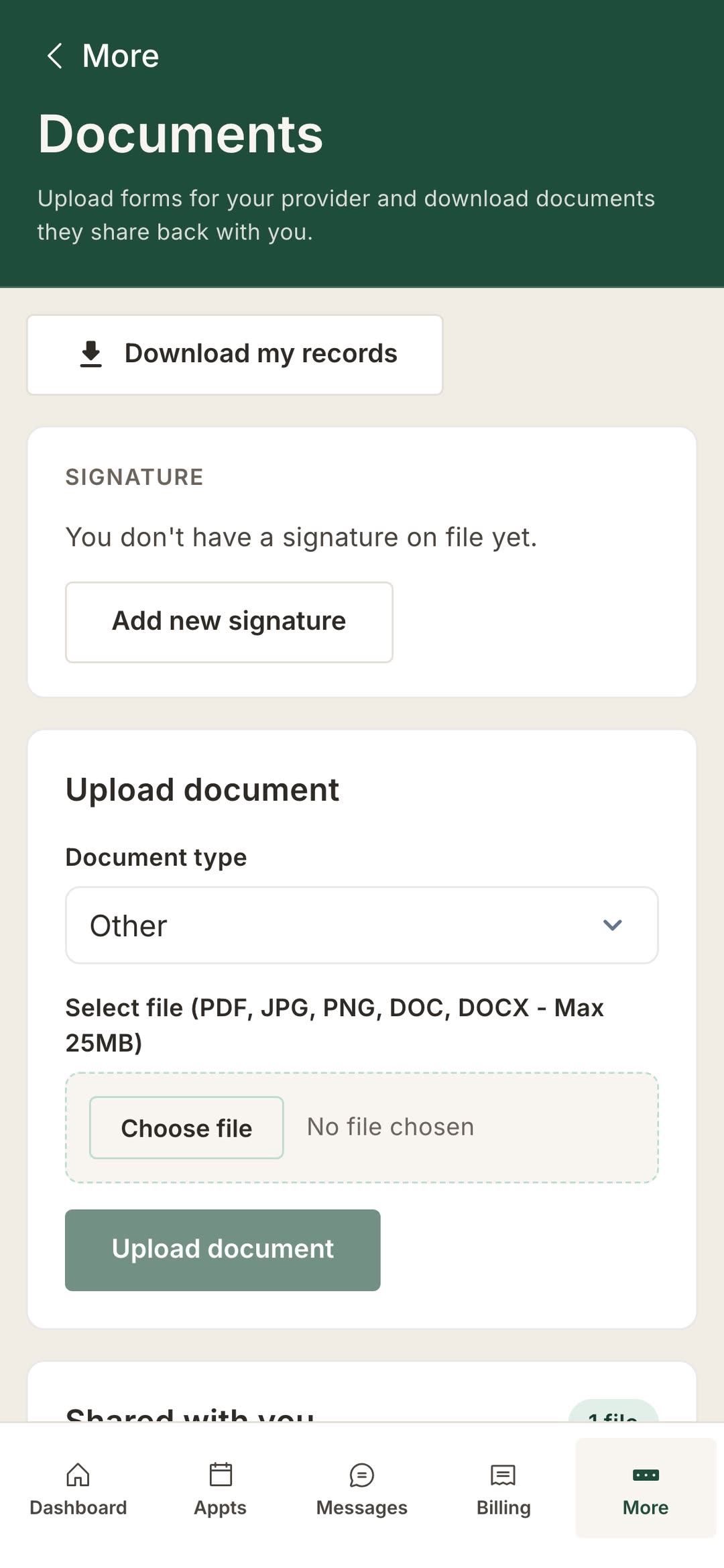 The patient portal records requests screen.